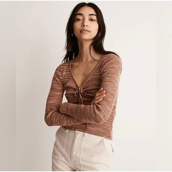 Madwell Tops - Madewell Space-Dyed V-Neck Cinched Sweater Spacedye Mahogany